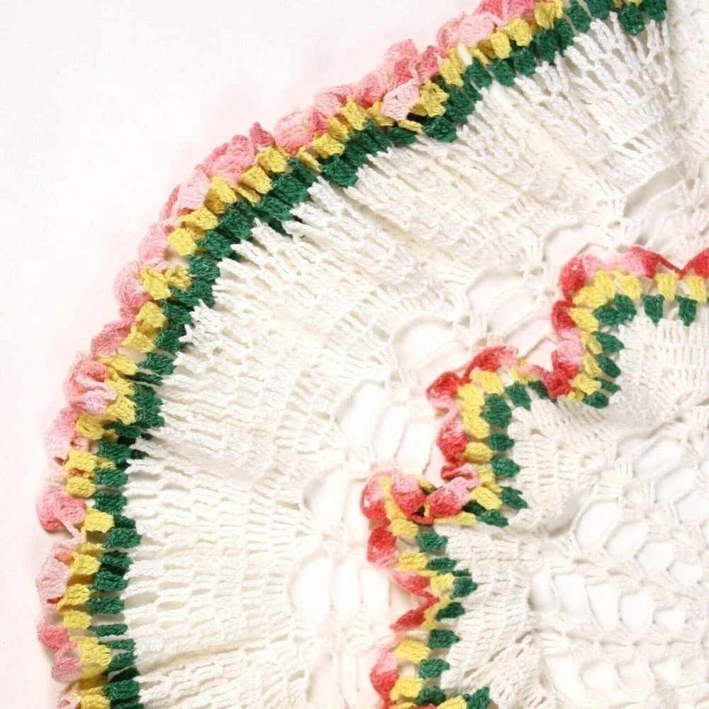 Vintage Cotton Crochet Table Cloth Topper Hand Made Ruffle Rainbow Edge -Hey Viv